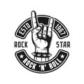 Rock music vector emblem with horns hand gesture