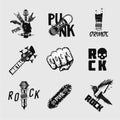 Rock music vintage embleme set. Undeground punk signs. Black and white icons set. Heavy metal illustration.