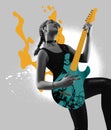 Rock musician. Contemporary art collage of young woman palying hand-drawn guitar isolated over light background. Music
