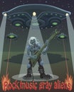 Rock musician grey alien plays guitar