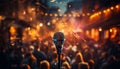 Rock musician performs on stage with microphone, illuminated by spotlight generated by AI Royalty Free Stock Photo