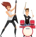 Rock musician playing on electrical guitar cartoon character standing on stage near music speaker Royalty Free Stock Photo