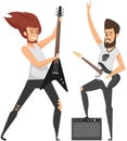 Rock musician playing on electrical guitar cartoon character standing on stage near music speaker Royalty Free Stock Photo