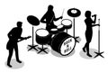 Rock musicians guitarist, drummer and frontwomen illustration black white silhouette isometric icons on isolated background Royalty Free Stock Photo