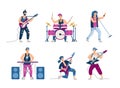 Rock musicians playing musical instruments, flat vector illustration isolated. Royalty Free Stock Photo
