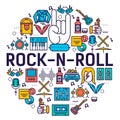 ROCK N ROLL circle outline icons collection set. Music equipment linear symbol pack. Modern template of thin line icons Royalty Free Stock Photo