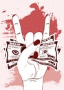 Rock-n-roll hand gesture with crumpled one hundred dollars on textured background with red paint. Royalty Free Stock Photo