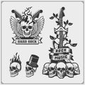 Rock`n`Roll and Hard Rock music emblems, symbols, labels and design elements. Print design for t-shirt.