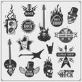 Rock`n`Roll and Hard Rock music emblems, symbols, labels and design elements. Print design for t-shirt.