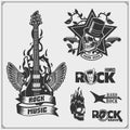 Rock`n`Roll and Hard Rock music emblems, symbols, labels and design elements. Print design for t-shirt.