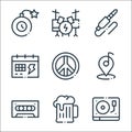 Rock n roll line icons. linear set. quality vector line set such as turntable, alcohol, cassette tape, location, peace, calendar,