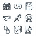 Rock n roll line icons. linear set. quality vector line set such as music files, mp player, lighter, afro, rose, trumpet, poster,