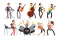 Rock n roll music band vector characters with musical instruments. Musicians playing music