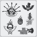 Rock`n`Roll music symbols, labels, logos and design elements.