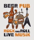 Rock-n-roll pub banner with beer bottle and barrel