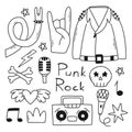 Rock n roll, punk music doodle set. Graffiti, tattoo hand drawn sticker, text, skull, heart, skate, gesture hand.