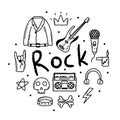 Rock n roll, punk music doodle set.