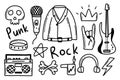 Rock n roll, punk music doodle set.