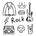 Rock n roll, punk music doodle set.