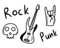 Rock n roll, punk music doodle set.