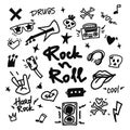 Rock n roll, punk music doodle set. Graffiti, tattoo hand drawn sticker, text, skull, heart, skate, gesture hand. Grunge