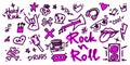 Rock n roll, punk music doodle set. Graffiti, tattoo hand drawn sticker, text, skull, heart, skate, gesture hand. Grunge