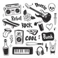 Rock n roll, punk music doodle set.