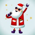 Rock n roll Santa character. Singing Santa Claus - rock star with microphone on light background. Christmas hipster