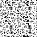 Rock n Roll seamless pattern. Black-white print for textiles, backgrounds, printing. Grunge style, hand lettered, vector Royalty Free Stock Photo