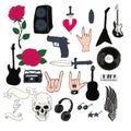 Rock-n-roll set of objects. Abstract music hand drawn collection