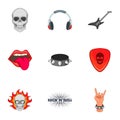 Rock n roll sticker icons set, cartoon style