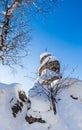 A rock with an Orthodox cross. Mountain Church. Resort Belokurikha, Altai, Russia