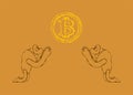 Rock painting. Ancient people worship bitcoin. Cryptocurrency Vector illustration