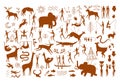 Rock painting. Caveman life scenes, prehistoric hunter cave drawings and wild ancient animals silhouettes. Stone age art