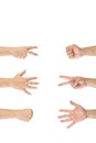 Rock Paper Scissors gambling hand game for all of ages and sex. This is Asian male hands post on white background