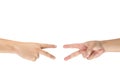 Rock Paper Scissors gambling hand game for all of ages and sex. This is Asian male hands post on white background