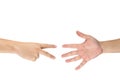 Rock Paper Scissors gambling hand game for all of ages and sex. This is Asian male hands post on white background