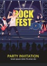 Rock party invitation. Print poster design for music rock performance flyer with musicians rock band swanky vector