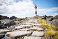 rock path leading to an isolated lighthouse