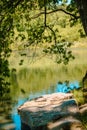 Rock perch by the lake framed by tree branches at Blue Spruce Park in Pennsylvania Royalty Free Stock Photo