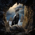 Rock Phalacrocorax Black and white cormorant Rock Shag with red Sea bird sitting on the Cormorant
