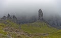 Rock pinnacle The Old Man of Storr in the fog Royalty Free Stock Photo