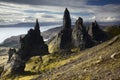 Rock Pinnacles Old Man of Storr on Isle of Skye during sunrise rock climbing haven Royalty Free Stock Photo