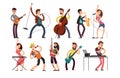 Rock and pop musicians vector cartoon characters. Young guitarists, drummers and singers artists isolated Royalty Free Stock Photo