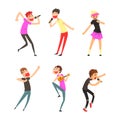 Rock and Pop Singers with Microphone Singing Performing on Stage Vector Set