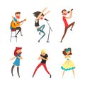 Rock and Pop Singers with Microphone Singing Performing on Stage Vector Set