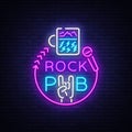 Rock Pub Logo Neon Vector. Rock Bar Neon Sign, Concept with a glass, Bright Night Advertising, Light Banner, Live Music Royalty Free Stock Photo