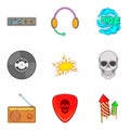 Rock radio icons set, cartoon style