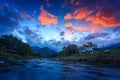 Rock in river and beautiful sunset in Kiriwong village, Lan Saka district. The best ozone location in Thailand