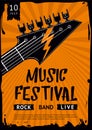 Rock and Roll background. Indie festival and party template. Hardrock music poster with guitar and human hand. Vector Royalty Free Stock Photo